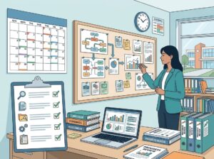 A person reviewing documents and charts at a desk with a calendar and checklist, symbolizing a curriculum audit and progress review process.
