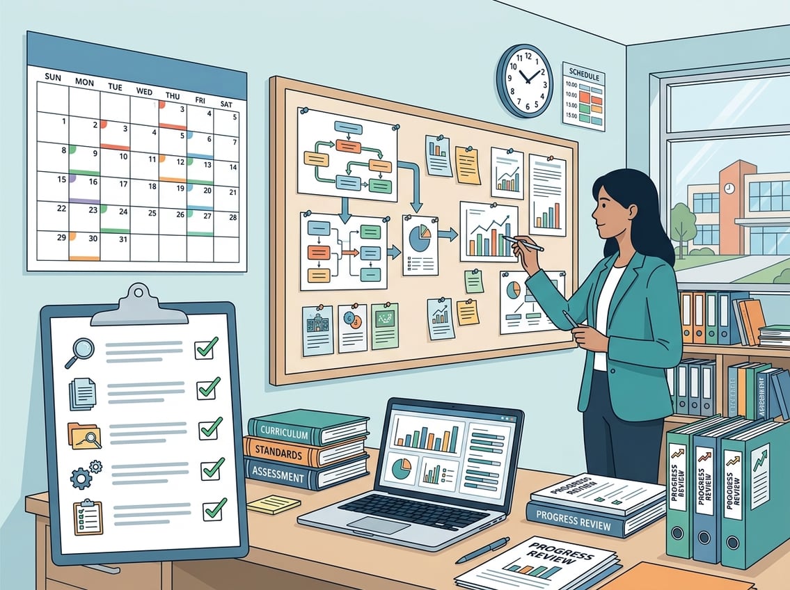 A person reviewing documents and charts at a desk with a calendar and checklist, symbolizing a curriculum audit and progress review process.