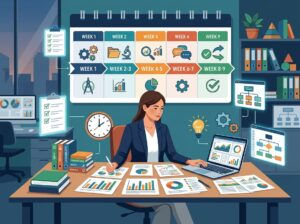 A person reviewing documents and charts at a desk with a calendar showing a 9-week timeline and progress tracking visuals around.