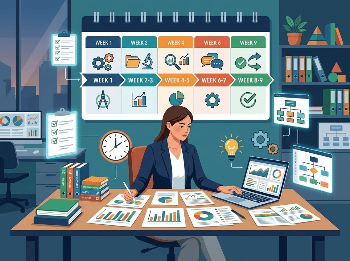 A person reviewing documents and charts at a desk with a calendar showing a 9-week timeline and progress tracking visuals around.