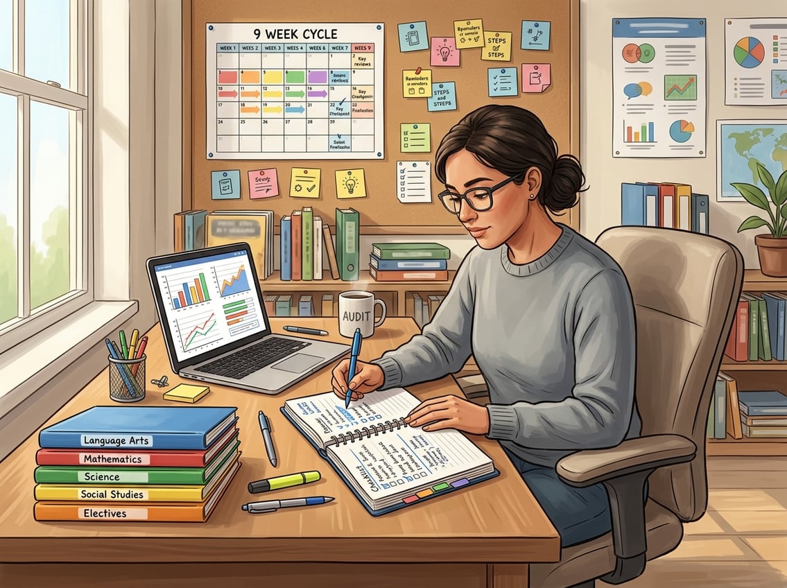 A person at a desk reviewing documents and charts with folders, a calendar, and educational materials around them.