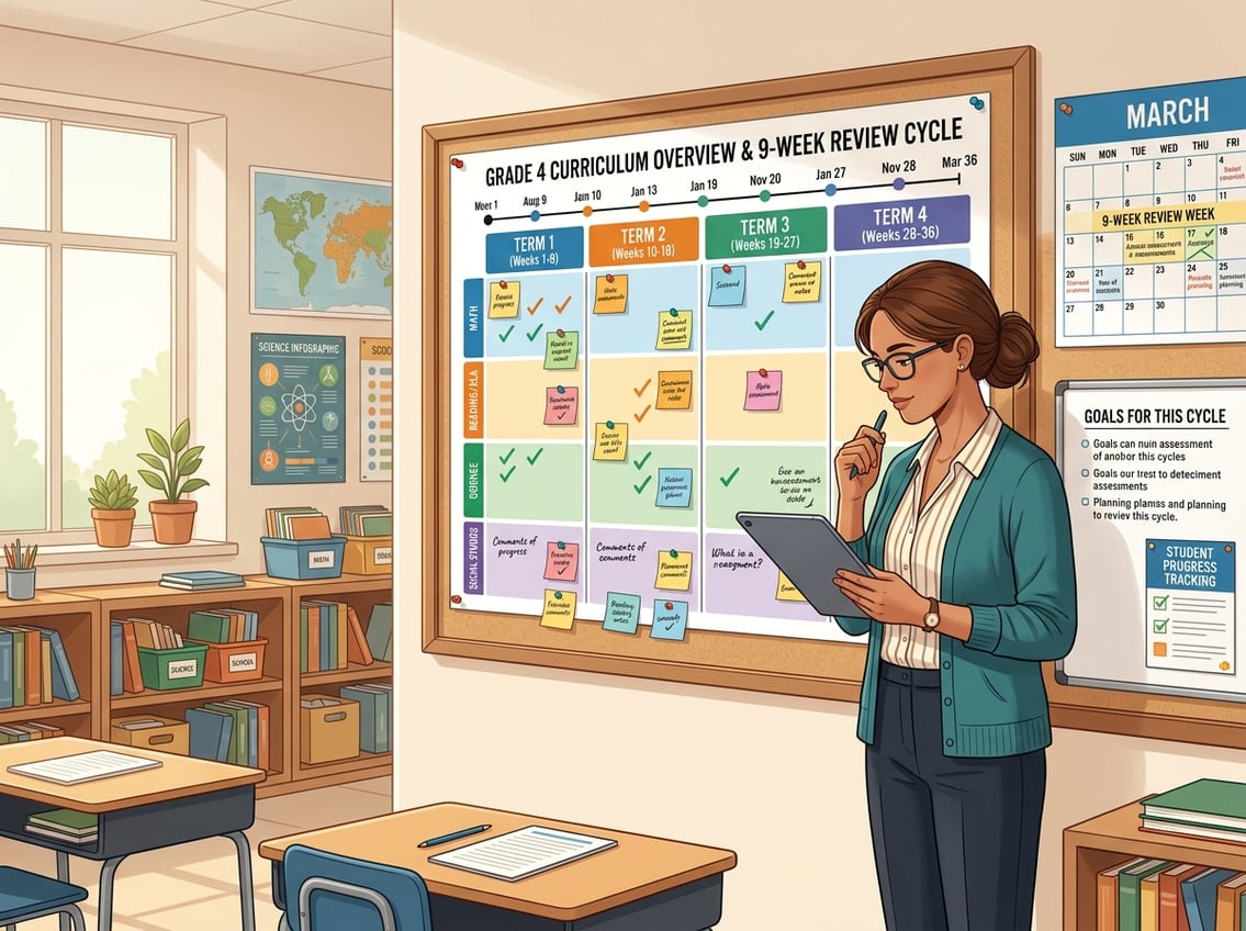 An educator reviewing a curriculum chart in a classroom, holding a clipboard and surrounded by educational materials and a calendar.