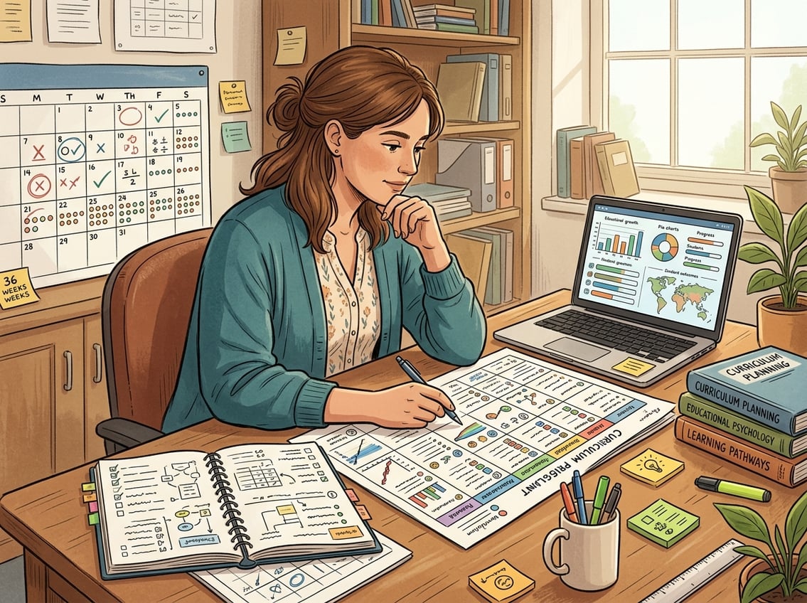 A person reviewing a curriculum progress chart with a calendar, notebooks, and a laptop in a study space.