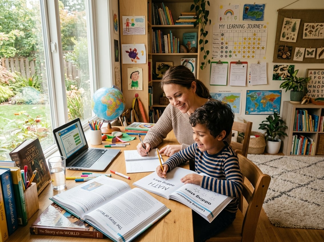 A parent and child studying together at a well-lit home workspace filled with educational materials, showing a supportive and focused learning moment.
