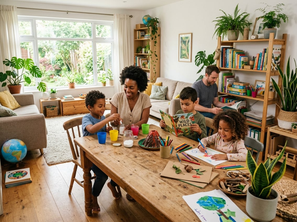 A family at home engaged in homeschooling activities, with children reading and drawing while a parent helps with a science experiment in a bright, cozy room.