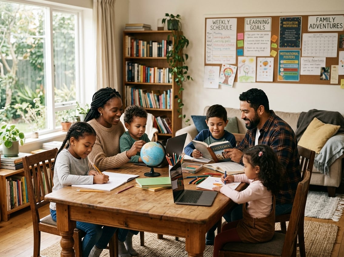 A family learning together at home with parents supporting children as they read and write in a bright, cozy room.