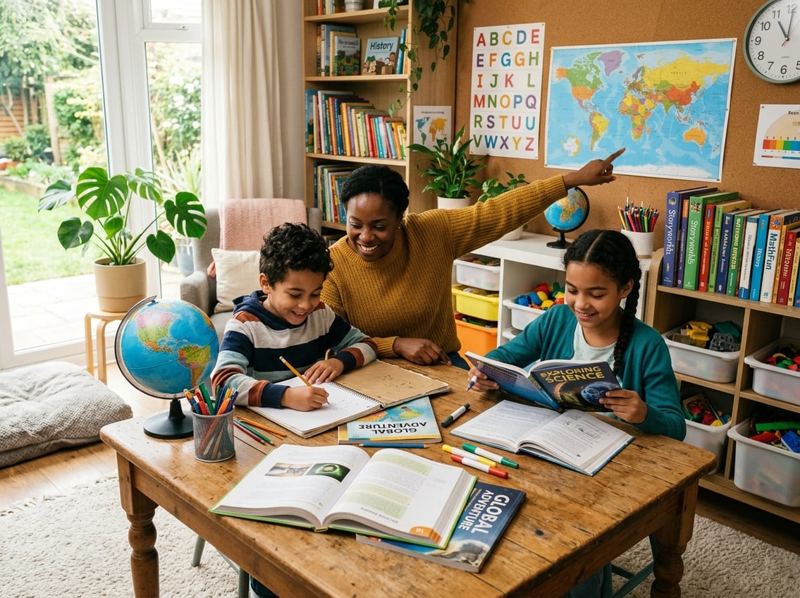 A family learning together at a table with books and educational materials in a bright and cozy room.