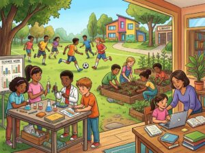 Children and teenagers participating in group activities like science experiments, sports, and gardening with adult guidance in a park and home setting.