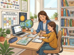 A parent and child studying together at a desk surrounded by books and educational materials in a bright, organized room.