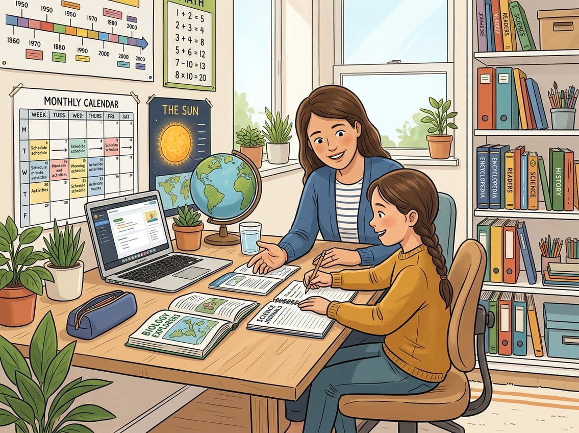 A parent and child studying together at a desk surrounded by books and educational materials in a bright, organized room.
