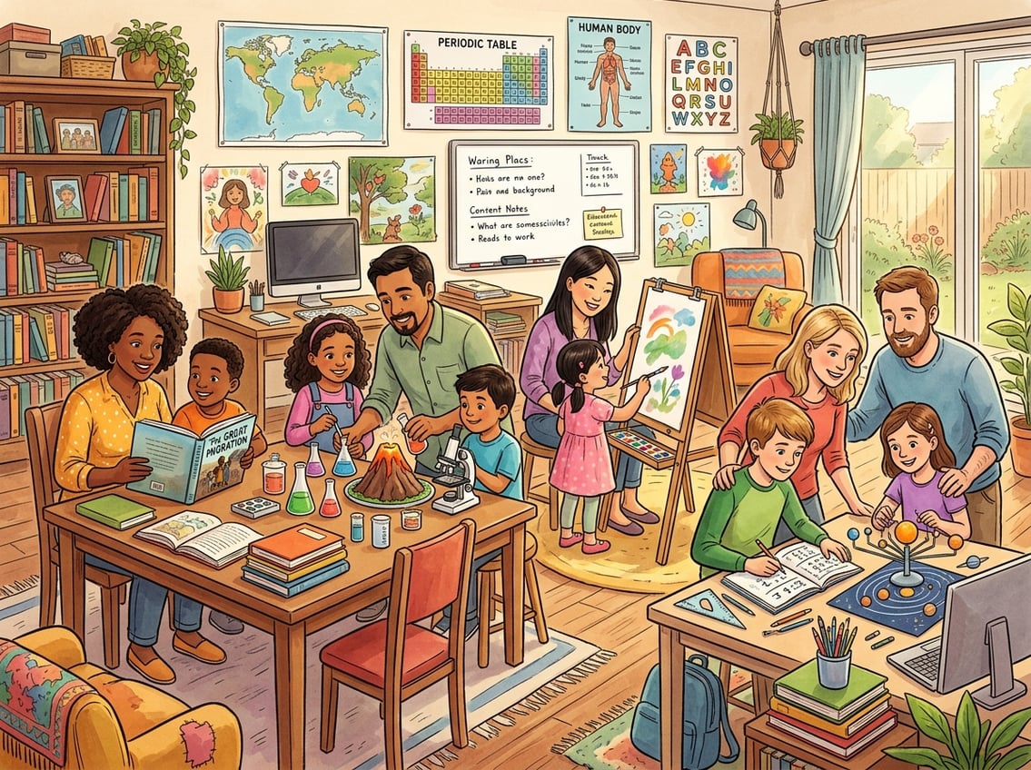 Families of different backgrounds homeschooling children together in a bright, organized room with books and learning materials.