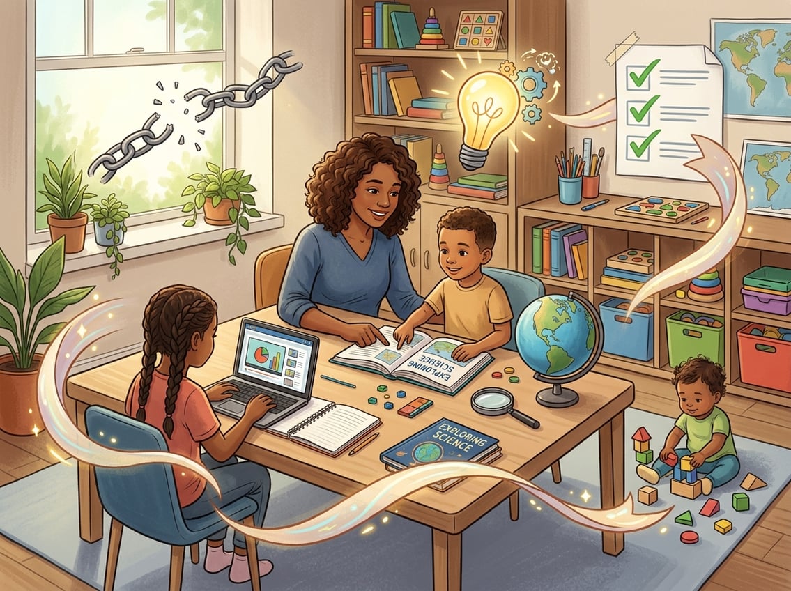 A family in a cozy home learning environment with a parent helping a child study, surrounded by books and educational materials.