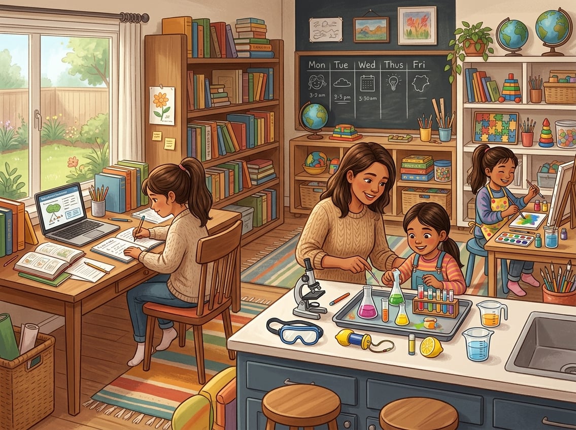 A parent and child engaged in different learning activities at home, including reading, science experiments, and art projects in a cozy room with books and educational materials.