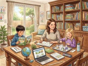 A parent helping two children with learning activities at a table inside a cozy home filled with books and educational materials.