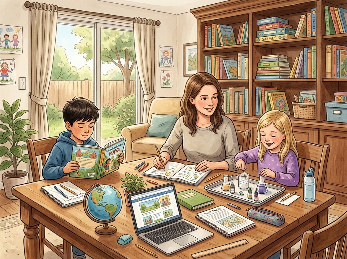 A parent helping two children with learning activities at a table inside a cozy home filled with books and educational materials.
