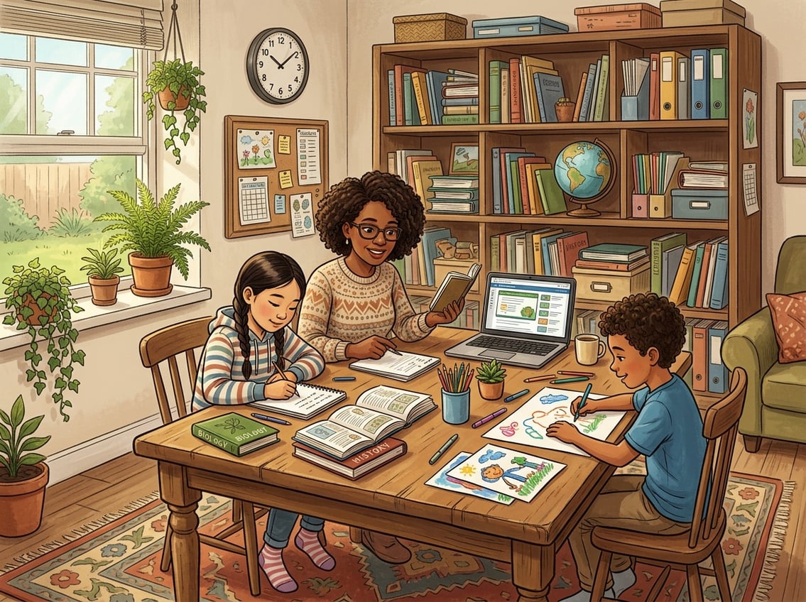 A family homeschooling with a parent helping two children at a table filled with books and art supplies in a cozy living room.