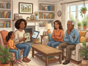 A parent calmly explaining homeschooling to two relatives in a cozy living room, with everyone engaged in a thoughtful conversation.