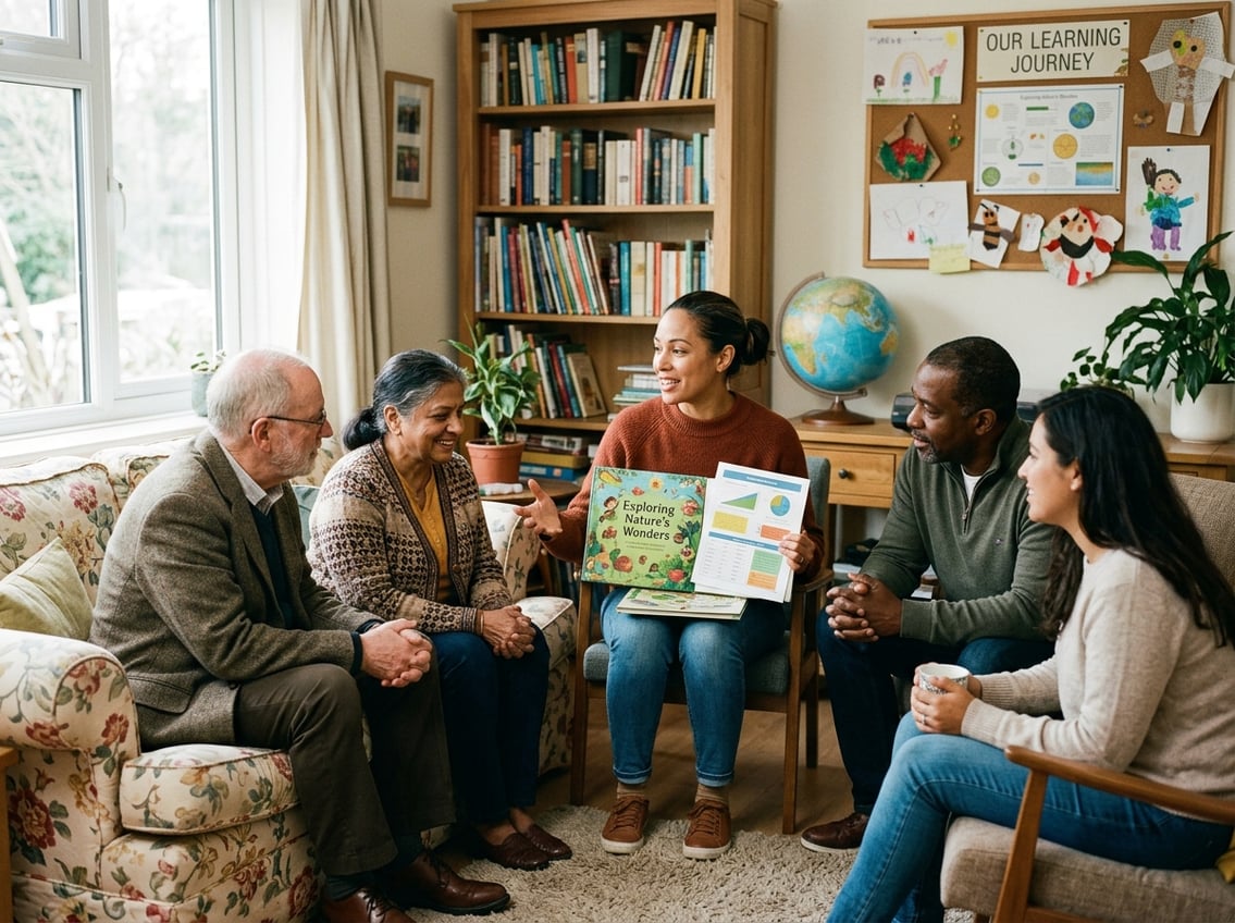 A parent explains homeschooling to attentive relatives in a cozy living room filled with books and educational materials.