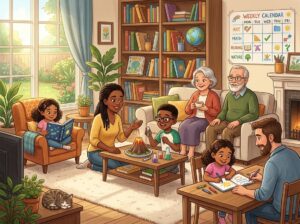 A family in a living room where children are engaged in learning activities while relatives watch with interest and support.