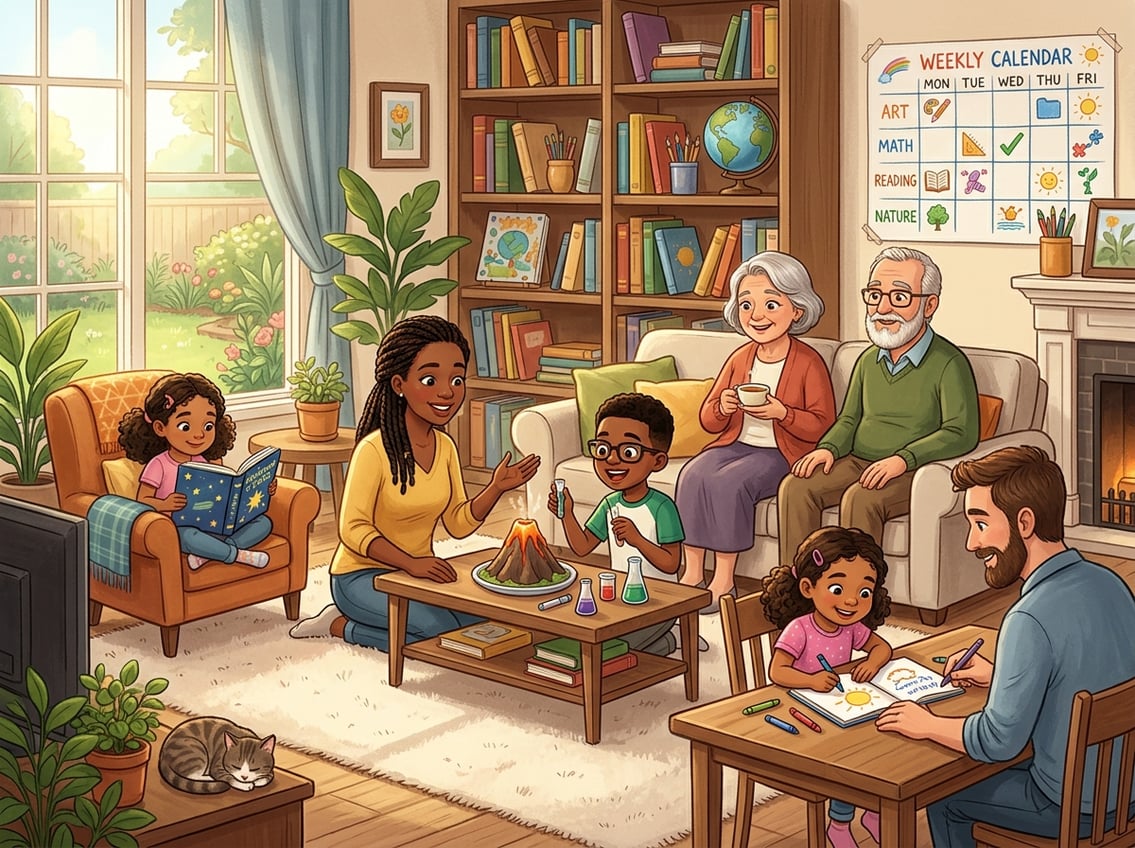 A family in a living room where children are engaged in learning activities while relatives watch with interest and support.