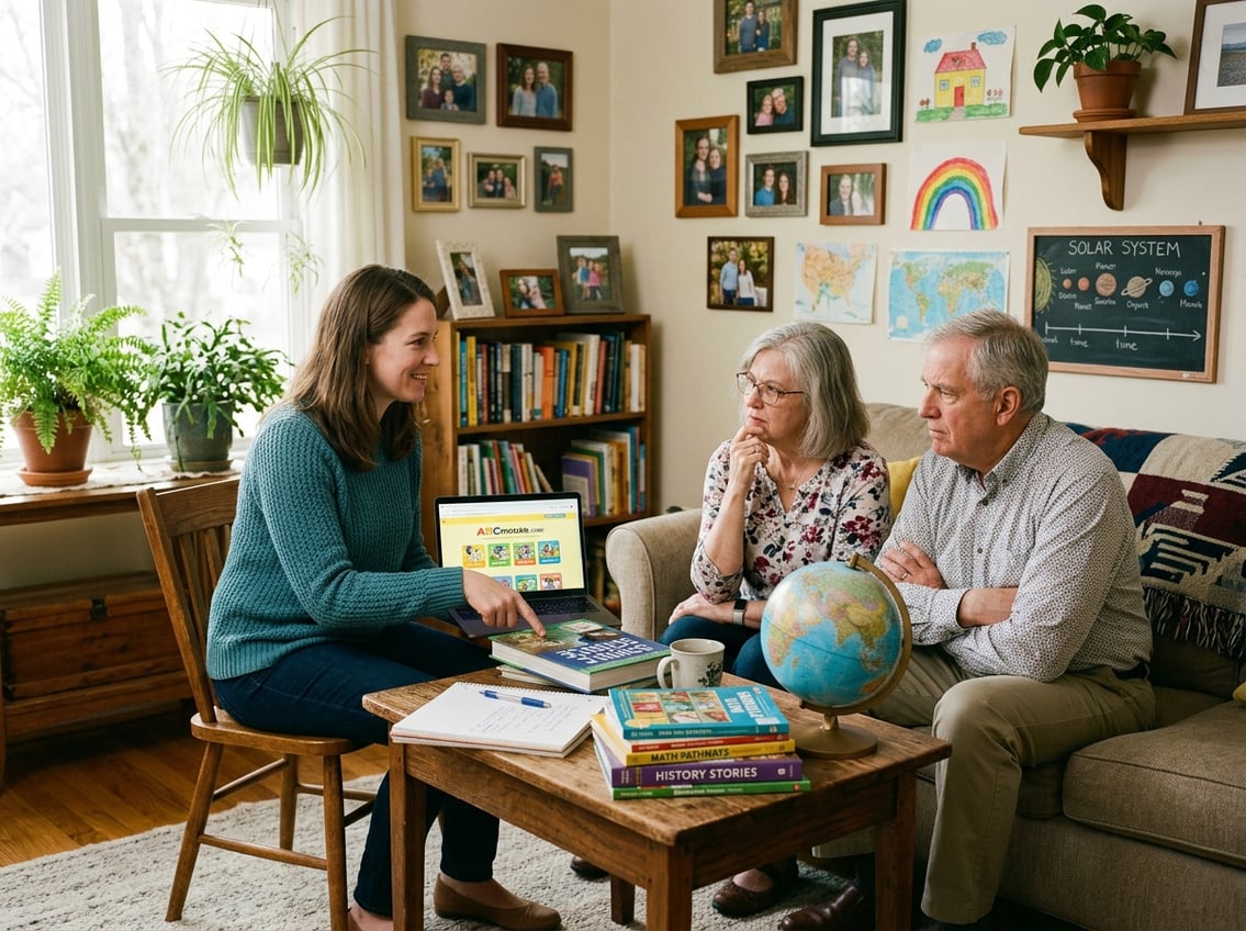 A parent explains homeschooling to two skeptical relatives in a cozy living room with educational materials on a table.