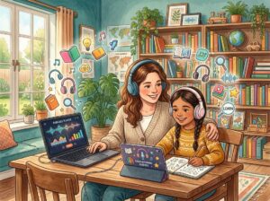 A parent and child sitting at a table in a cozy room, using a laptop and tablet surrounded by books and educational items.
