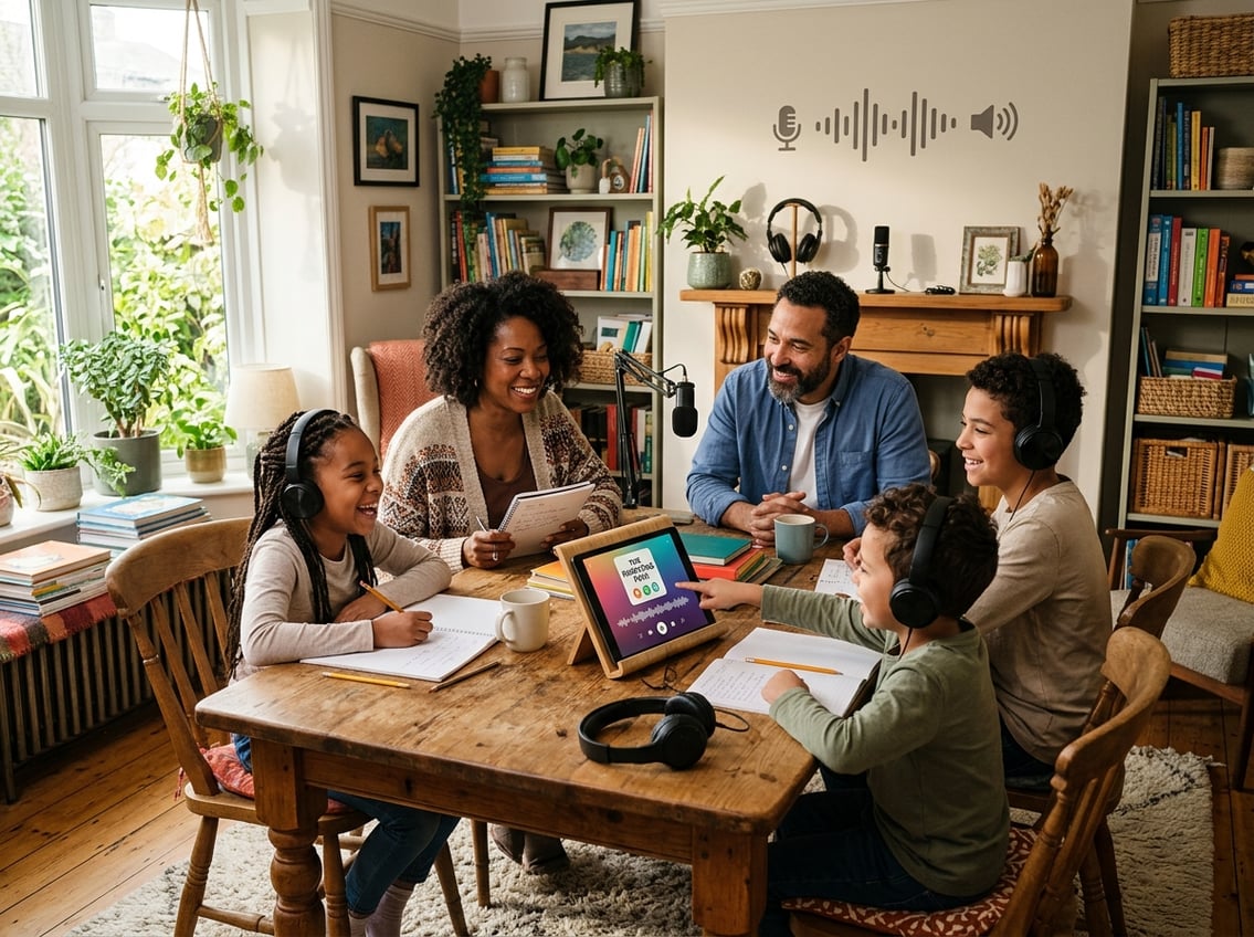 A family gathered around a table with books and a tablet, engaged in a homeschool learning activity in a cozy living room.