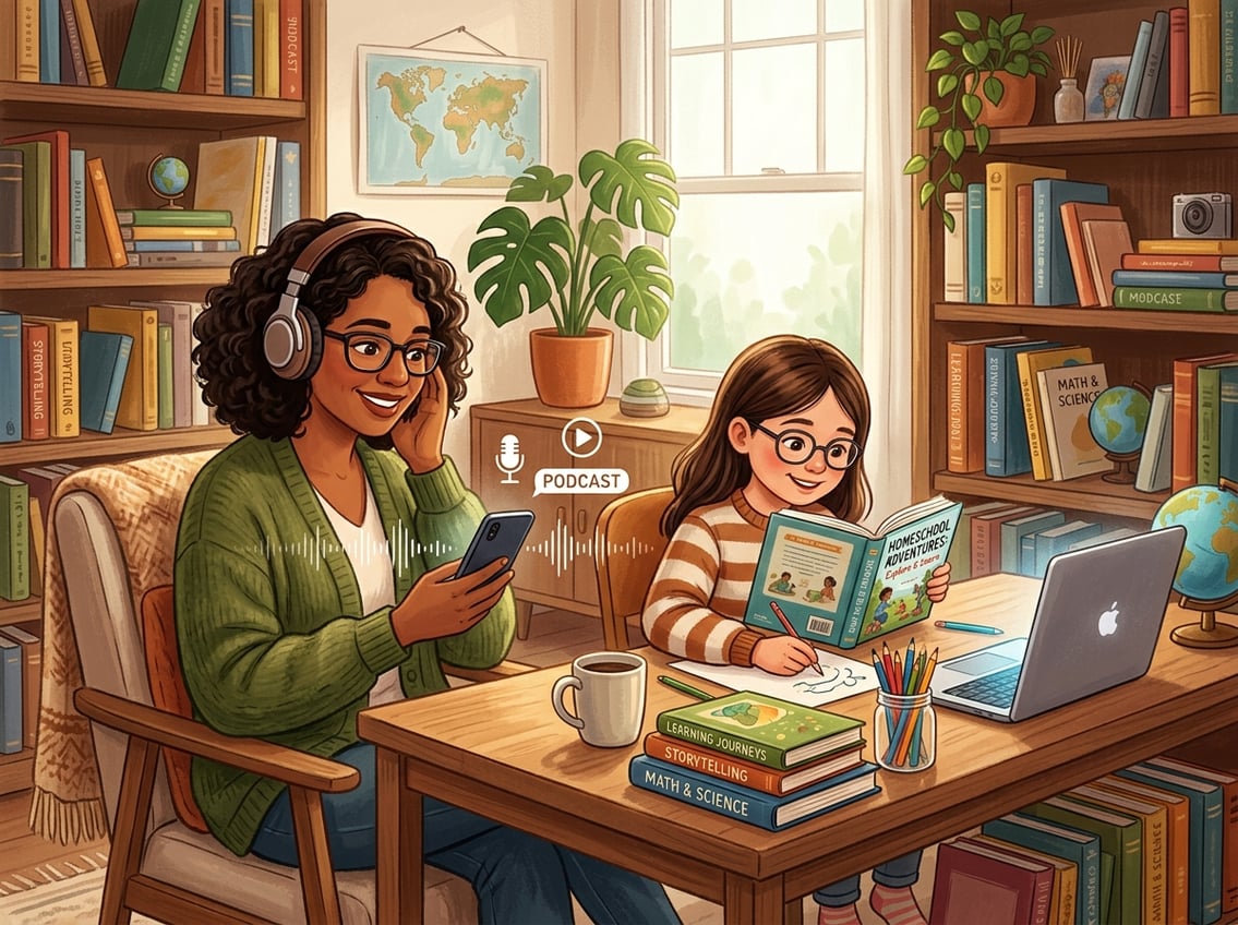 A parent and child in a home study area, with the parent listening to a podcast on a device while the child reads and works nearby.