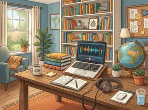 A home study setup with a laptop, headphones, books, and a globe on a desk near a window.