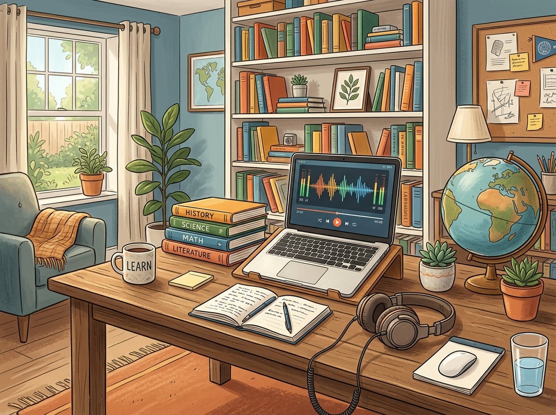 A home study setup with a laptop, headphones, books, and a globe on a desk near a window.