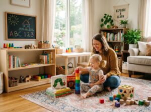 A parent and toddler playing and learning together on the floor in a cozy home setting with toys and books around them.
