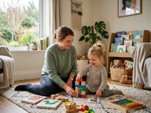 A parent and toddler sitting on the floor together, surrounded by learning toys and books, engaging in a homeschooling activity in a cozy room.