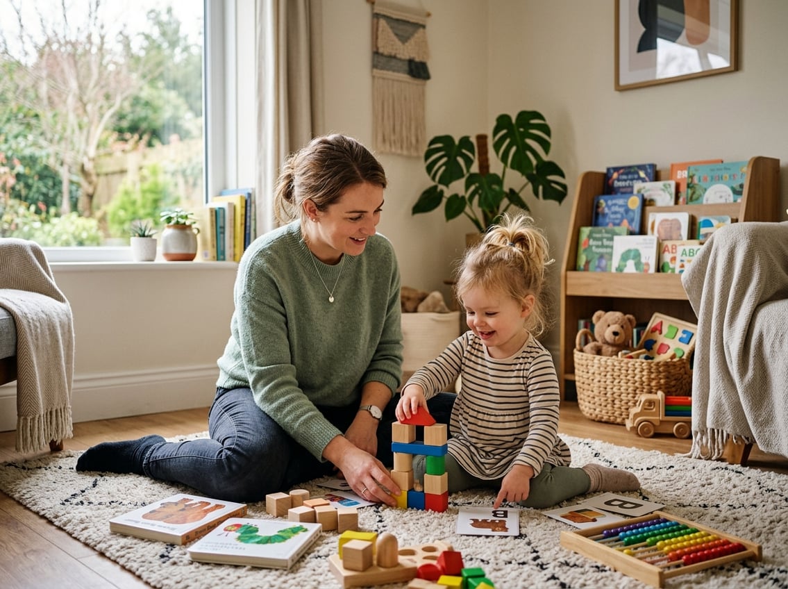 A parent and toddler sitting on the floor together, surrounded by learning toys and books, engaging in a homeschooling activity in a cozy room.