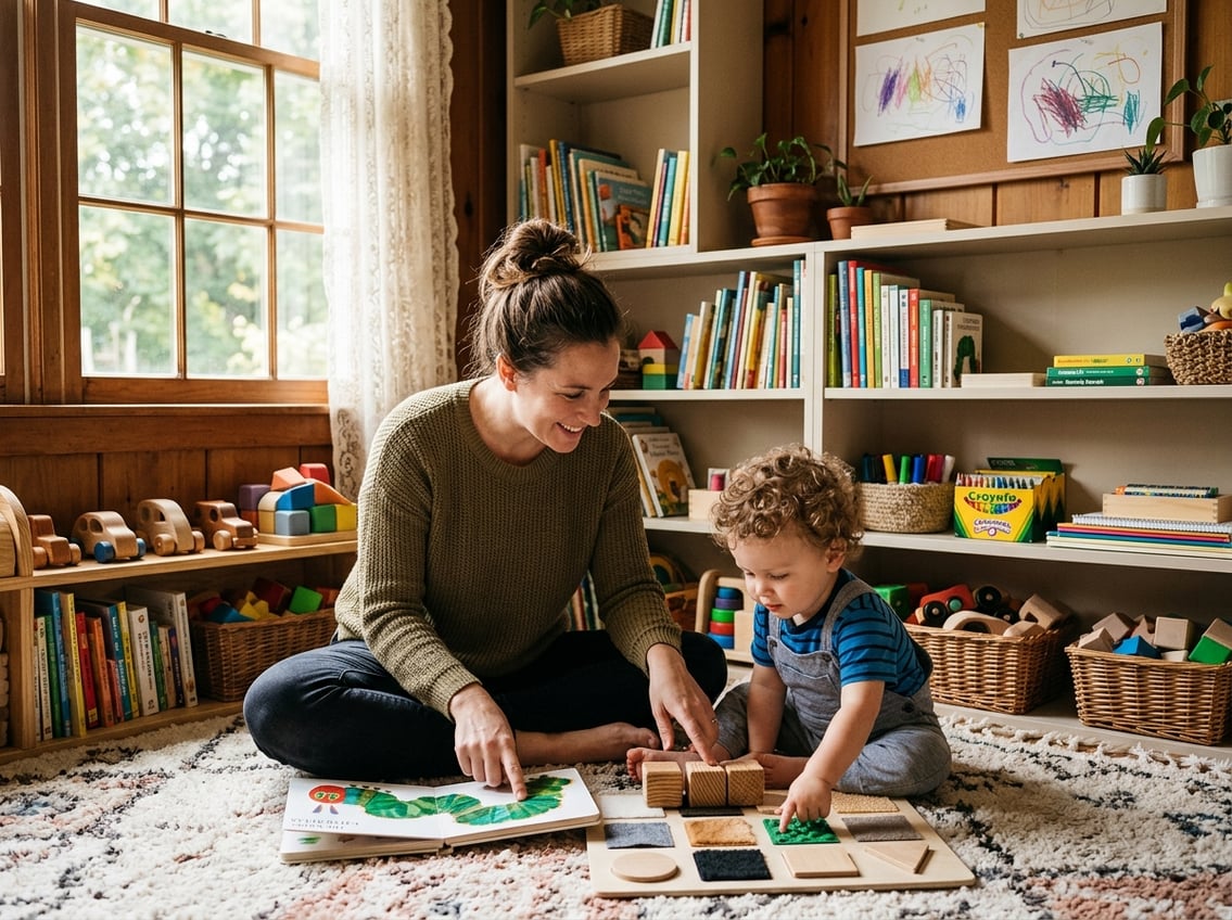 A parent and toddler sitting on the floor surrounded by books and toys, engaged in a learning activity together.
