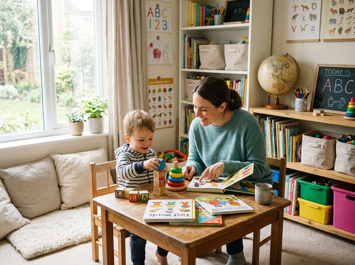 A parent and toddler learning together at a small table surrounded by educational toys and books in a cozy room.
