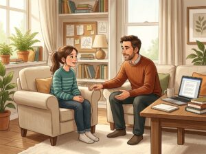 A parent and child having a calm conversation in a cozy living room, showing understanding and support.