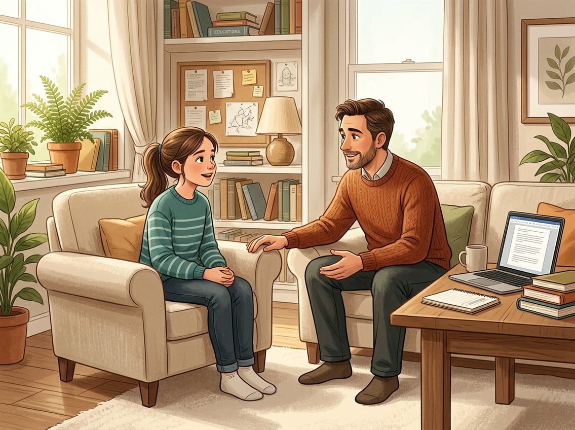 A parent and child having a calm conversation in a cozy living room, showing understanding and support.