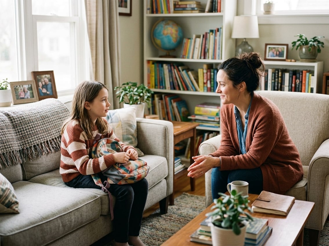 A parent and child having a calm conversation in a living room, with the child holding a backpack and the parent listening attentively.