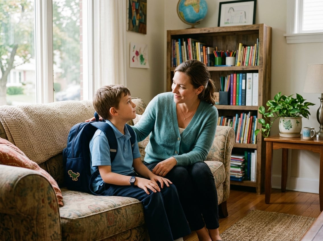 A parent and child having a calm conversation in a cozy living room, with the child wearing a backpack.