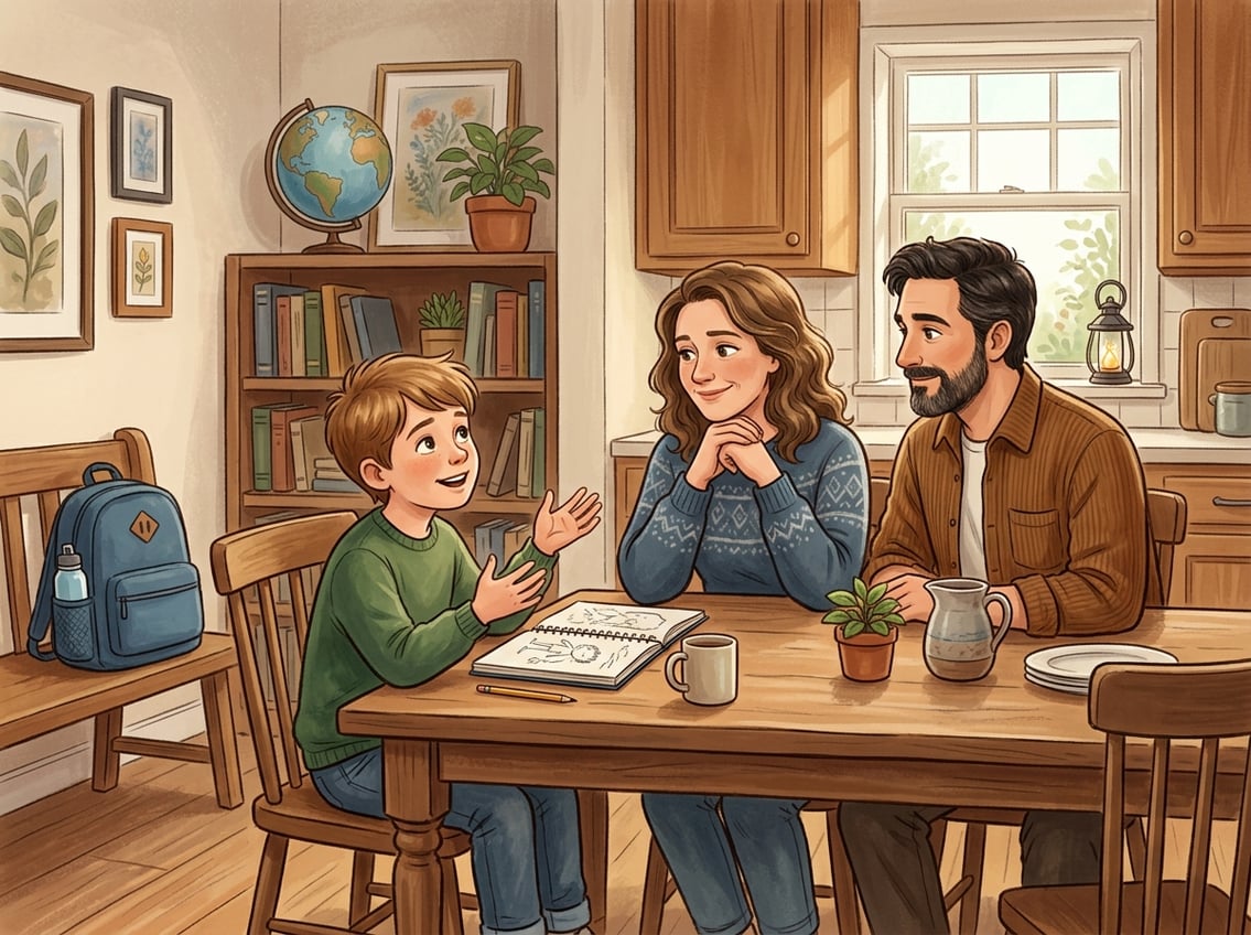 A child talking to their parents at a kitchen table in a cozy home, with books and a backpack nearby.