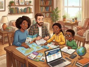A family of four sitting around a table looking at brochures and calendars, planning an educational event together in a cozy living room.