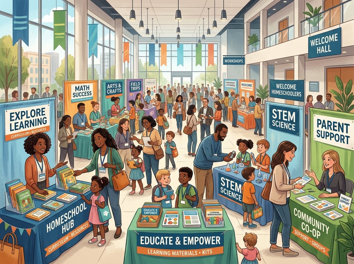 A group of parents and children interacting at a homeschool conference with booths and informational tables in a spacious conference hall.