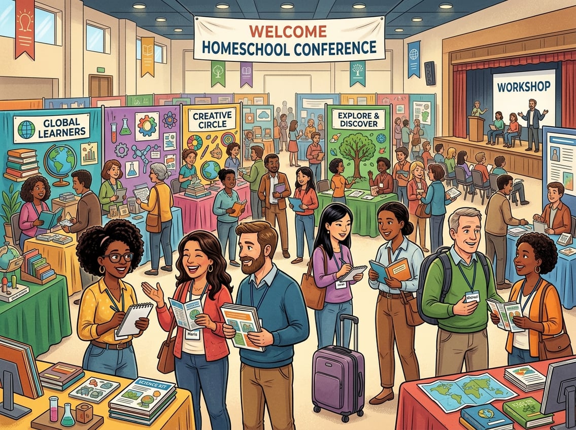 A group of homeschool parents and educators interacting at a busy conference with booths and educational materials.