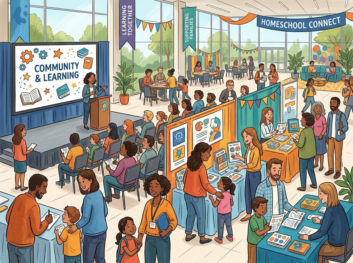 A group of people attending a homeschool conference, engaging in workshops and networking in a bright, spacious hall.