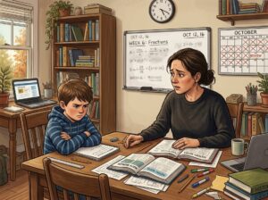 A parent and child in a home learning setting, the parent looks concerned while the child appears frustrated and disengaged.