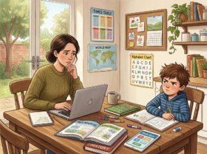 A parent and child at a kitchen table with homeschooling materials, the parent looking concerned and the child appearing frustrated.