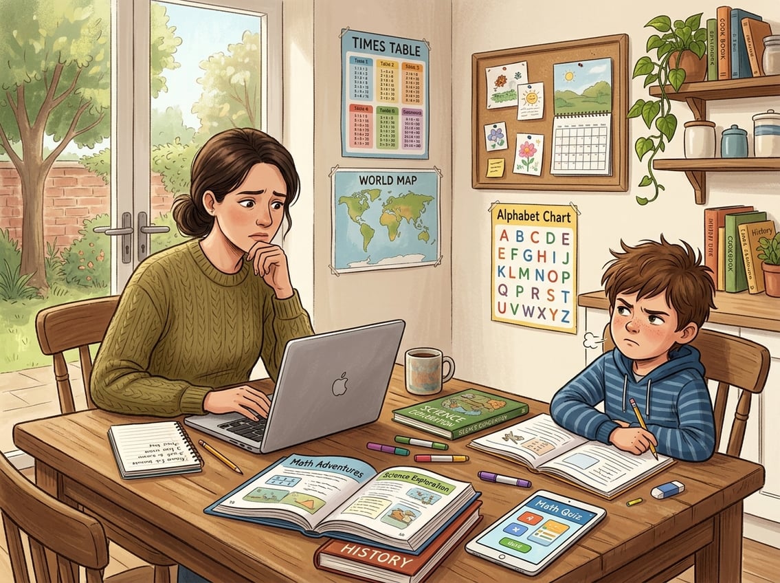 A parent and child at a kitchen table with homeschooling materials, the parent looking concerned and the child appearing frustrated.