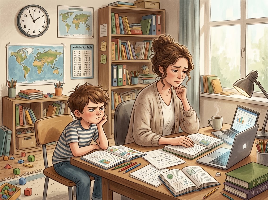 A parent and child in a home learning setting where the parent looks concerned and the child appears frustrated, surrounded by books and educational materials.
